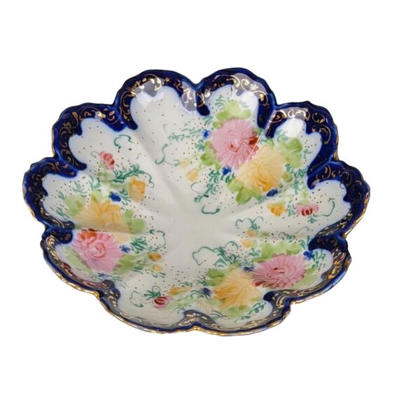 Vintage Hand-Painted Floral Porcelain Bowl: Cobalt Blue & Gold Trim - Picture 2 of 7